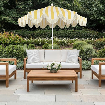 JONATHAN Y UMB1001 Collins 9 ft. Classic Cottage Tassel Market Patio Umbrella with Auto-Tilt, Crank, Wind Vent and UV Protection