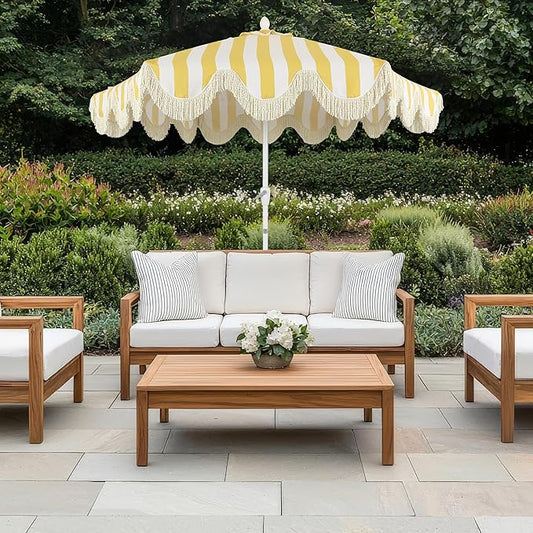 JONATHAN Y UMB1001 Collins 9 ft. Classic Cottage Tassel Market Patio Umbrella with Auto-Tilt, Crank, Wind Vent and UV Protection