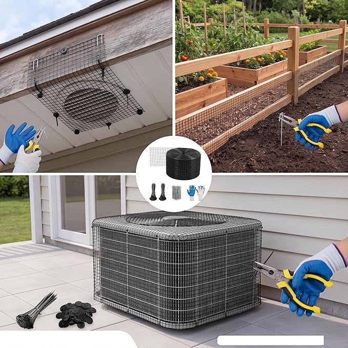 6in x 50ft Solar Panel Bird Guard & Critter Guard Mesh Kit, PVC Coated Wire Mesh Bird Wire with 60 Clips, 100 Cable Ties, Gloves, Pliers, DIY Bird Netting Solar Panel Bird Mesh Barrier