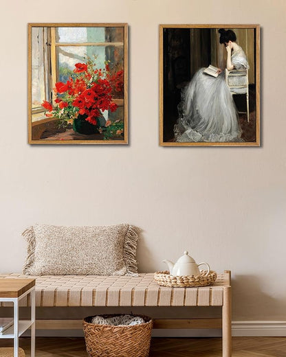 UPWOIGH 16x24 in Large Framed Wall Art, Red Poppies by the Window Oil Painting Canvas, Vintage Farmhouse Rustic Decor, Red Flowers Print, Antique Wall Decor for Living Room Bedroom, 1 Pack Gift