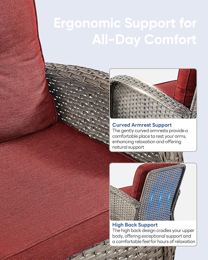 6 Pieces Patio Wicker Furniture Set-Outdoor Swivel Chairs Set of 2 Outdoor Glider Love seat with Outdoor Footstool Patio Furniture for Deck Porch Garden Balcony Poolside-Grey/Red