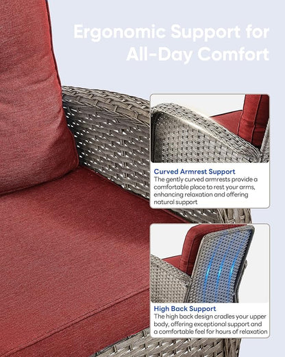 6 Pieces Patio Wicker Furniture Set-Outdoor Swivel Chairs Set of 2 Outdoor Glider Love seat with Outdoor Footstool Patio Furniture for Deck Porch Garden Balcony Poolside-Grey/Red