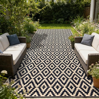 SAND MINE Reversible Mats, Plastic Straw Rug, Modern Area Rug, Large Floor Mat and Rug for Outdoors, RV, Patio, Backyard, Deck, Picnic, Beach, Trailer, Camping (8' x 16', Black & Beige Lattice)