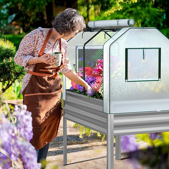 Lineware Galvanized Raised Garden Bed with Self-Watering System, Elevated Planter Boxes Outdoor with Legs and PE Cover for Vegetables and Flowers, Backyard, Patio, Balcony, 48x24x56 in