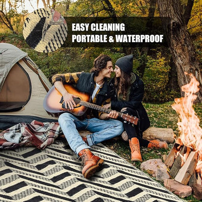 HUGEAR Outdoor Plastic Straw Rug, Waterproof Outdoor Rugs for Patios Clearance, Reversible Area Rug, Large Outside Carpet for Camping, Balcony, RV, Deck, Picnic, Beach (5x8ft Modern/Black&Brown)