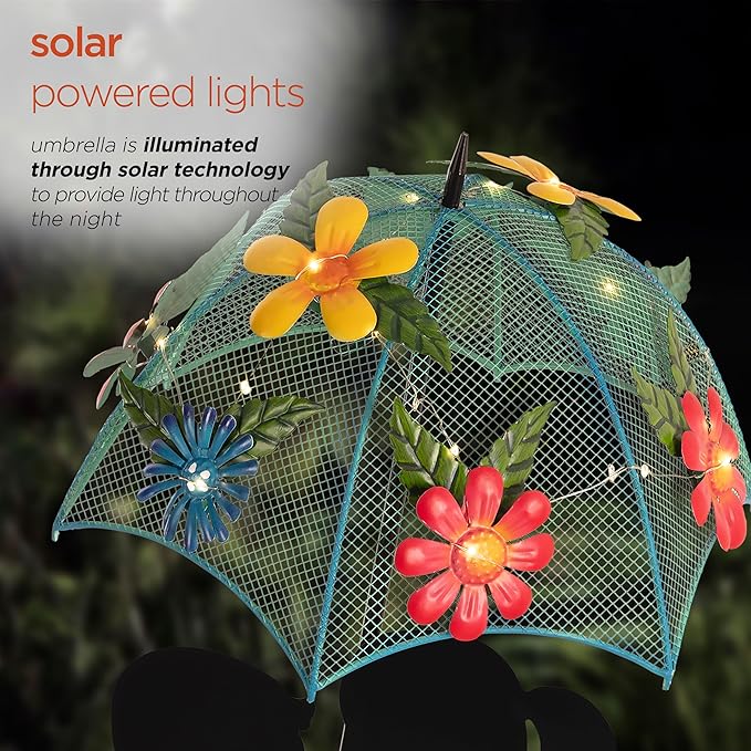 Alpine Corporation 39" Tall Outdoor Solar Powered LED Lights Girl and Boy Silhouette with Umbrella Yard Statue