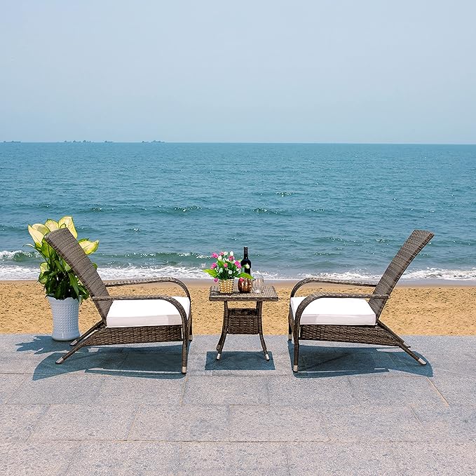 SAFAVIEH Outdoor Collection Edna Grey Brown/White Cushion 3-Piece Lounge Set with Table (PAT7719C)