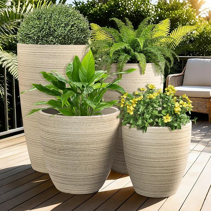 ZMTECH 4 Pack Plastic Planters 21/18/12/10in, Beige Faux Stone Finish Round Flower Pots with Drainage Holes & Saucers, Large Tall Plant Pots for Indoor Outdoor, Patio Garden Decor, Plant Containers