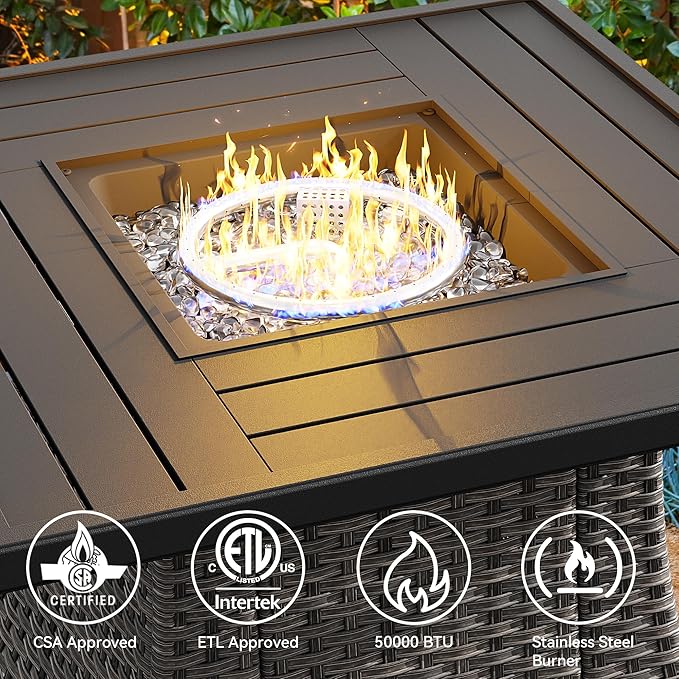5-Piece Patio Furniture Set Includes 4 Swivel Rocker Chair and 1 Fire Pit, Wicker Conversation Set with Cushion Beige