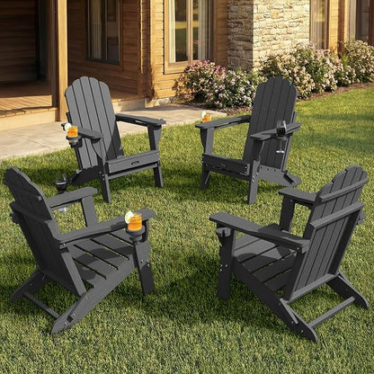 Adirondack Chairs Set of 4, Foldable Adirondack Chairs with 2 Cup Holder, Wood Texture HDPE Fire Pit Chairs, Outdoor Lawn Chair for Patio Garden, Dark Grey