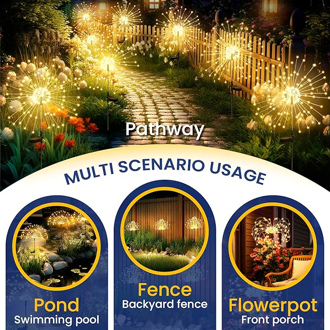 GIGALUMI Garden Decor Outdoor Lights 120LED 8Pack, Solar Garden Lights Outside Fairy Firework Decorative,Solar Powered for Yard Pathway Flowerbed Planter Balcony Patio 4th of July Decor (Warm White
