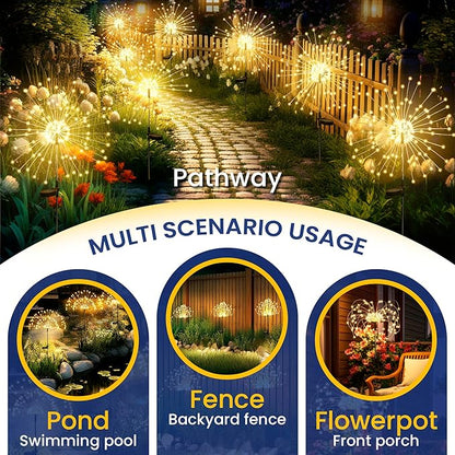GIGALUMI Garden Decor Outdoor Lights 120LED 8Pack, Solar Garden Lights Outside Fairy Firework Decorative,Solar Powered for Yard Pathway Flowerbed Planter Balcony Patio 4th of July Decor (Warm White