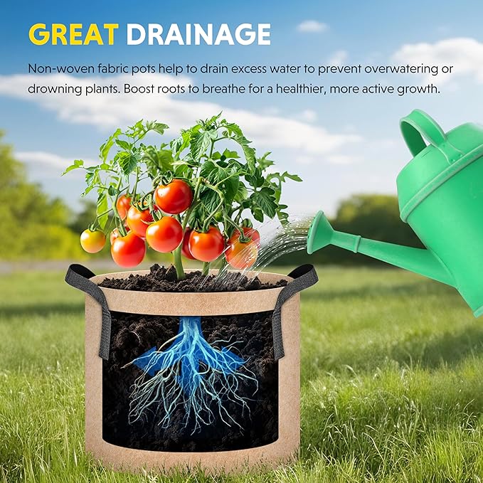 iPower 5-Pack 1 Gallon Plant Grow Bags Thickened Nonwoven Aeration Fabric Pots Heavy Duty Durable Container, Strap Handles for Garden, Tan