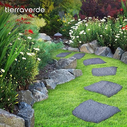 TierraVerde 4-Pack 18”x22” Natural Rock Rubber Stepping Stones, Grey – Non-Slip Outdoor Faux Decorative Set for Landscaping & Gardening – DIY Decor for Walkways & Yard Pathways