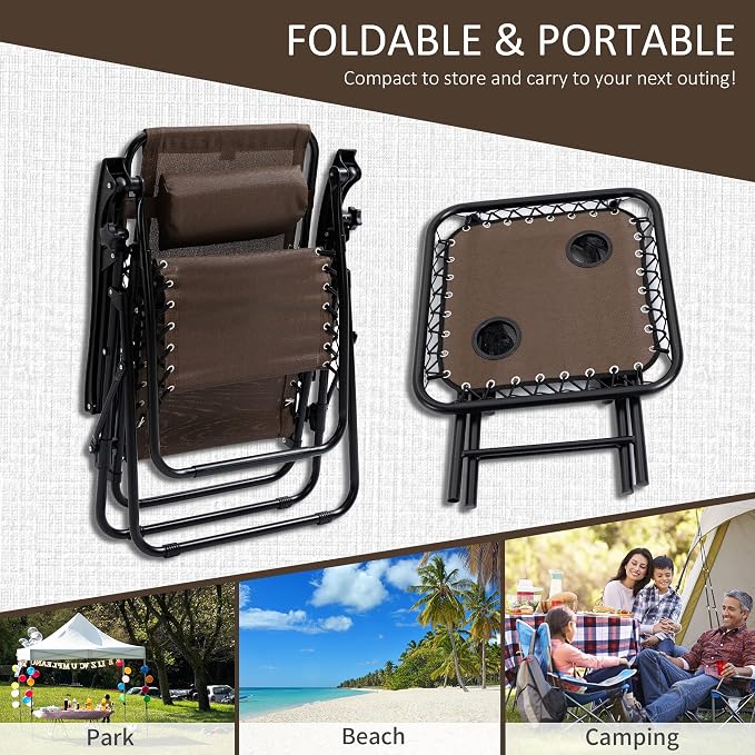 Outsunny Zero Gravity Chair Set with Side Table, Folding Reclining Chair with Cupholders & Pillows, Adjustable Lounge Chairs for Pool, Backyard, Lawn, Beach, Brown