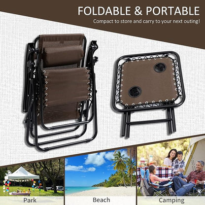 Outsunny Zero Gravity Chair Set with Side Table, Folding Reclining Chair with Cupholders & Pillows, Adjustable Lounge Chairs for Pool, Backyard, Lawn, Beach, Brown