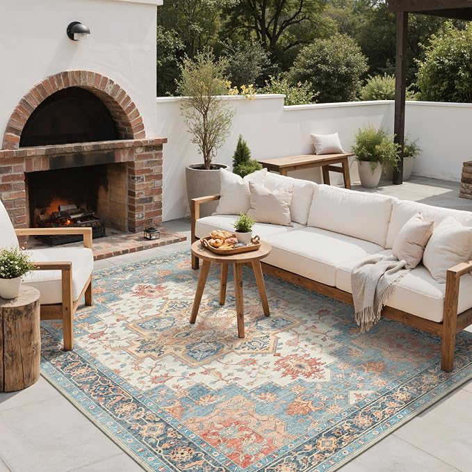 GENIMO Outdoor & Indoor Area Rug 4'x6', Waterproof, Non-Shedding, Easy Cleaning, Boho Mat for Patio, Living Room, Balcony, Dining Room, RV, Deck, Bedroom, Camping, Outside Carpet,Blue Salmon