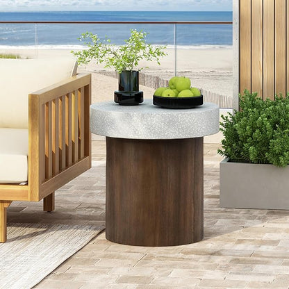 Christopher Knight Home Aurl Outdoor Round Side Table, Lightweight Concrete Patio End Table with Wooden Like Frame, Decorative Accent Table for Patio Garden Porch Balcony, Antique White+Natural