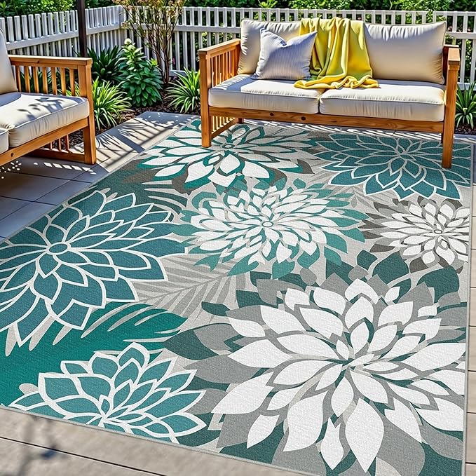 Colorful 5x8 Outdoor Area Rug Washable Multicolored Patio Rug Tropical Botanical Floral Chenille Waterproof Outdoor Carpet for Living Room, Deck, Backyard, Porch, Teal