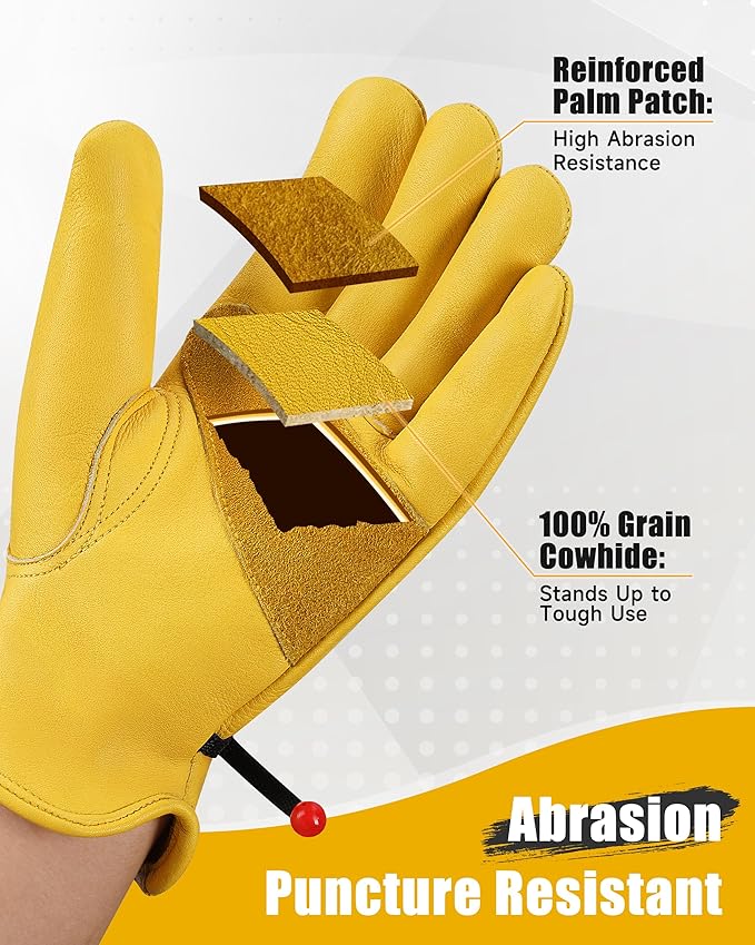 DULFINE Cowhide Leather Work Gloves for Men & Women, Reinforced Durable Gardening Gloves, Puncture & Cut Resistant