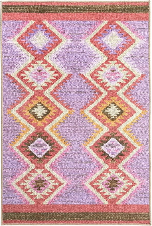 Dash & Albert Rhapsody Spice Machine Washable Rug, 2 X 3 Feet, Red/Purple Graphic Pattern - Premium Luxury Hotel Quality Soft Breathable Hypoallergenic Machine Washable Easy Care All Season