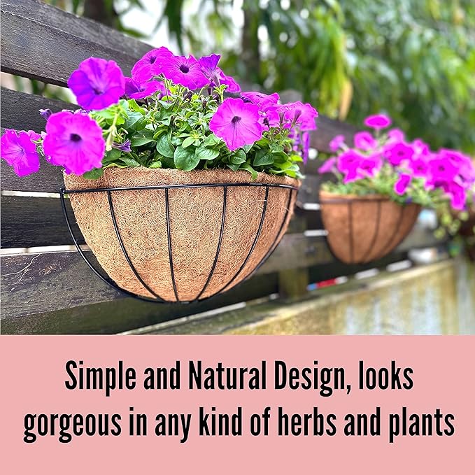 LaLaGreen Wall Hanging Planters, 2 Pack, 12 Inch Wall Mounted Flower Baskets with Coco Liner, Metal Iron Wire Plant Holder for Outdoor Window Box Herb Outside Fence Railing Deck Porch Balcony Garden