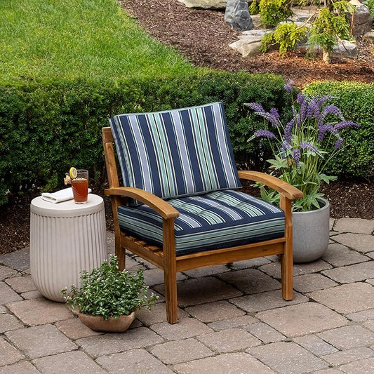 Arden Outdoor Plush Modern Tufted Blowfill Deep Seat Set, 24 x 24, Rain-Proof, Fade Resistant, Deep Seat Bottom and Back Cushion, Sapphire Aurora Blue Stripe