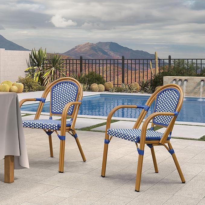 PURPLE LEAF French Bistro Chairs Set of 2 Aluminum Wicker Rattan Hand-Woven Armchairs Outdoor Dining Chairs for Patio Kitchen Garden Bamboo Print Finish Deep Blue