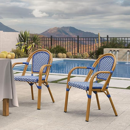 PURPLE LEAF French Bistro Chairs Set of 2 Aluminum Wicker Rattan Hand-Woven Armchairs Outdoor Dining Chairs for Patio Kitchen Garden Bamboo Print Finish Deep Blue