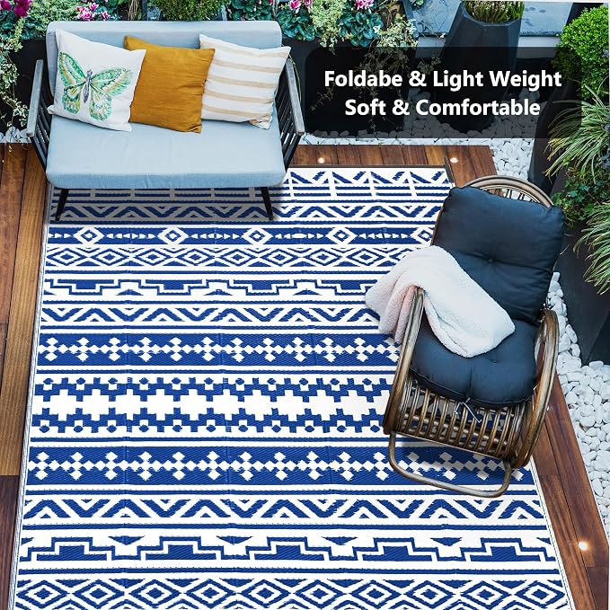 HUGEAR Outdoor Plastic Straw Rug, Waterproof Outdoor Rugs for Patios Clearance, Reversible Area Rug, Large Outside Carpet for Camping, Balcony, RV, Deck, Picnic, Beach 5x8ft Geometric Boho Blue&White