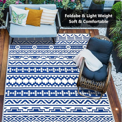 HUGEAR Outdoor Plastic Straw Rug, Waterproof Outdoor Rugs for Patios Clearance, Reversible Area Rug, Large Outside Carpet for Camping, Balcony, RV, Deck, Picnic, Beach 5x8ft Geometric Boho Blue&White