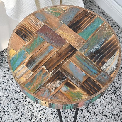 Vintage Round Thick Wood Side Table 15" x 15" x 20" H Accent Reclaimed Wood Multi Color Coffee Tables Solid Rustic Plant Stand Outdoor End Tables Living Room Patio Bedroom