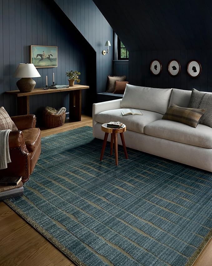 Loloi Chris Loves Julia Calvin Collection CLV-02 Ocean/Olive 2'-7" x 7'-6" Runner Rug Checkered Neutral Soft Living Room Bedroom Carpet