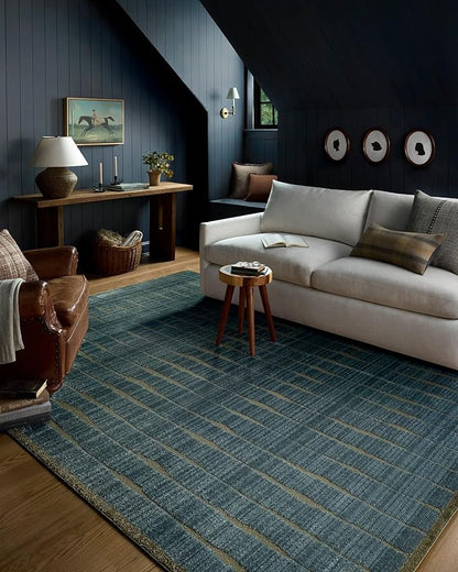 Loloi Chris Loves Julia Calvin Collection CLV-02 Ocean/Olive 2'-7" x 7'-6" Runner Rug Checkered Neutral Soft Living Room Bedroom Carpet