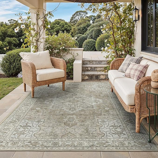 GENIMO Outdoor & Indoor Area Rug 5'x8', Waterproof, Non-Shedding, Easy Cleaning, Boho Mat for Patio, Living Room, Balcony, Dining Room, RV, Deck, Bedroom, Camping, Outside Carpet,Coffee Beige