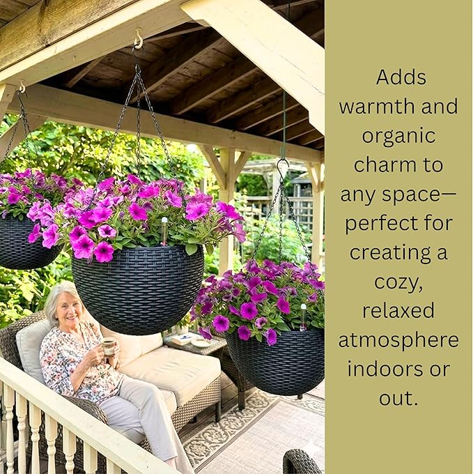 LaLaGreen Indoor Hanging Planters (11 Inch, 2 Pack) Self-Watering Hanging Basket with Water Level Indicator, Black Metal Chain Rattan Style Round Flower Pot for Deck Porch Garden Balcony Outdoor Decor
