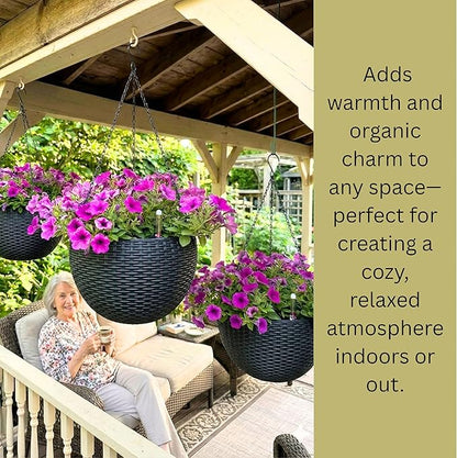 LaLaGreen Hanging Planters for Indoor Plants (11 Inch, 3 Pack) Self-Watering Round Rattan Style Hanging Flower Pots with Water Level Indicator, Black Metal Chain Baskets for Porch Garden Balcony Decor