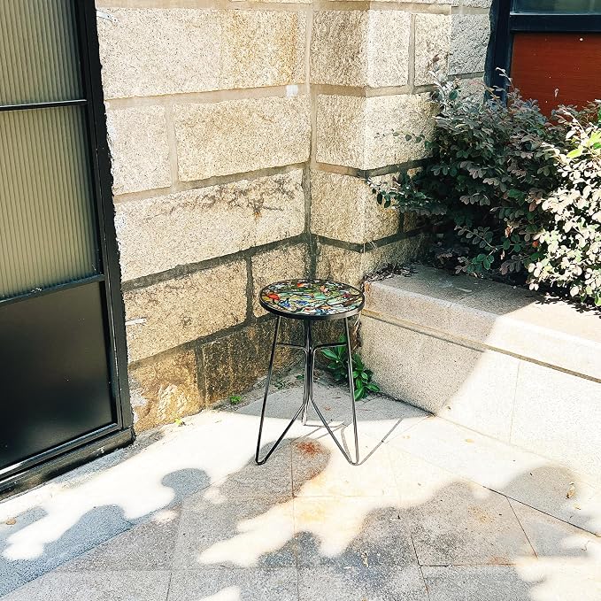 Mosaic Birds Outdoor Side Tea Table, Glass Plant Tables Indoor Decorative Metal Patio Table, Outdoor Tables Unique Furniture - Weather-Resistant Patio Valentine's Day Decor