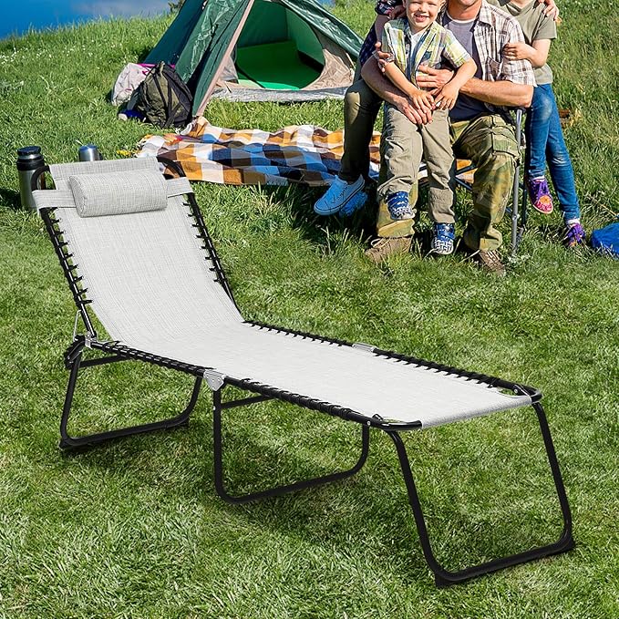 GYMAX Tanning Chair, Extra High Lounge Chair with Removable Pillow, Detachable Side Pocket & Adjustable Backrest, Folding Chaise Lounger for Sunbath, Layout Beach Chair for Indoor/Outdoor (2, Grey)