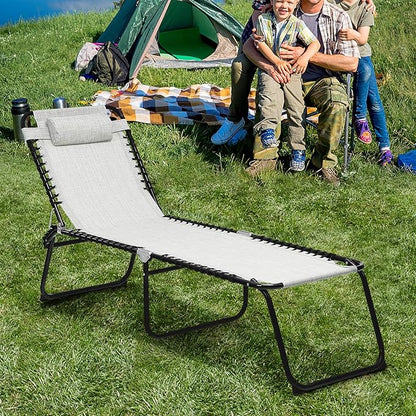 GYMAX Tanning Chair, Extra High Lounge Chair with Removable Pillow, Detachable Side Pocket & Adjustable Backrest, Folding Chaise Lounger for Sunbath, Layout Beach Chair for Indoor/Outdoor (2, Grey)