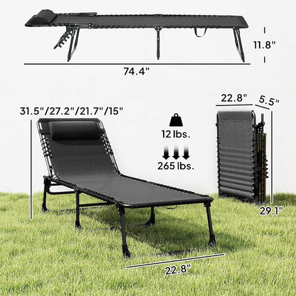 Outsunny Folding Chaise Lounge Chair, Patio Sun Tanning Chair, Outdoor Chaise Lounger with 4-Position Reclining Back, Breathable Mesh Seat for Beach, Poolside, Yard, Black