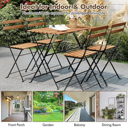 Giantex 5-Piece Outdoor Dining Table Set for 4, Acacia Wood Bistro Table with 4 Folding Patio Chairs, Slatted Seat & Tabletop, Metal Frame, for Yard Porch Garden Poolside (Black + Brown)