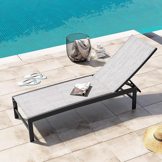 Crestlive Products Outdoor Aluminum Pool Chaise Lounge Chairs, Adjustable Five-Position Tanning Recliner, All Weather for Patio, Beach, Yard, Pool (1PC Grey Black)