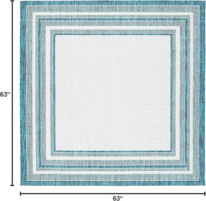 SAFAVIEH Washable Rug Outdoor Courtyard Collection - 5'3" Square, Ivory & Teal, Non-Shedding & Easy Cleaning, Ideal for Patio, Backyard, Mudroom (CY8475-53512)