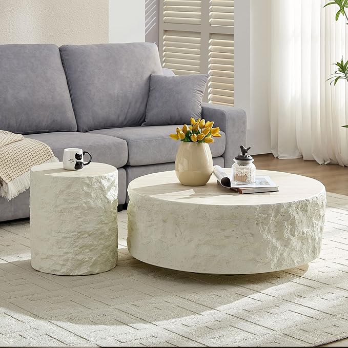 kevinplus ø35.43'' Round Coffee Table for Living Room, Modern Drum Circle Coffee Table, Fiberglass Material, No Assembly, Beige