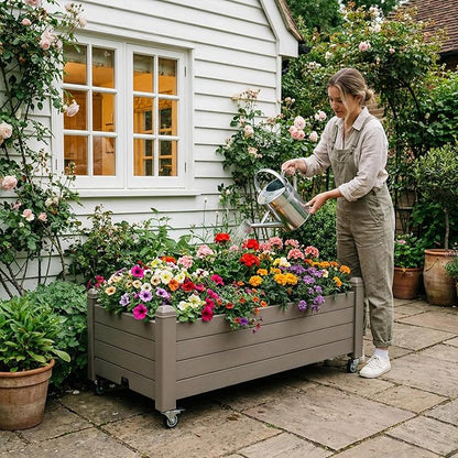 Raised Garden Bed with Wheels Outdoor, Resin Planter Box with Drain Hole and Water Level Detector for Backyard, Patio, Balcony(Gray)