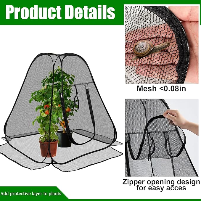 RGQSUN Pop-up Garden Netting Covers,28×28×32in Pest Guard Plant Covers with Zip Entry and Stakes,Fine Mesh Plant Tent Protect Vegetables Fruits from Animals Birds