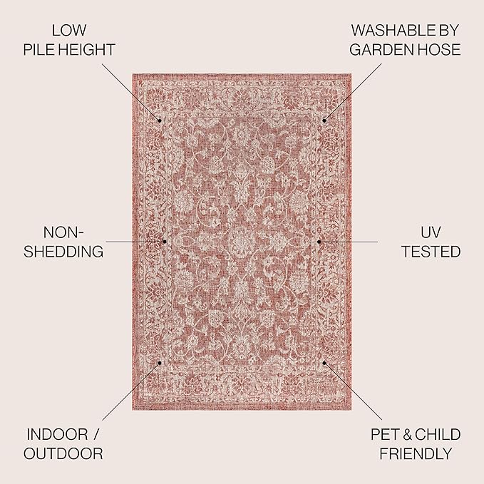 JONATHAN Y Weave Floral Indoor Outdoor Area Rug 5X8 Red/Taupe, Tela Bohemian Textured for Backyard, Patio, Porch, Easy-Cleaning, High Traffic, Pet-Friendly, Non-Shedding (SMB100A-5)