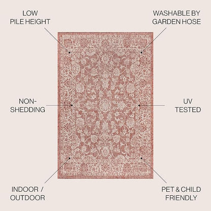 JONATHAN Y Weave Floral Indoor Outdoor Area Rug 5X8 Red/Taupe, Tela Bohemian Textured for Backyard, Patio, Porch, Easy-Cleaning, High Traffic, Pet-Friendly, Non-Shedding (SMB100A-5)