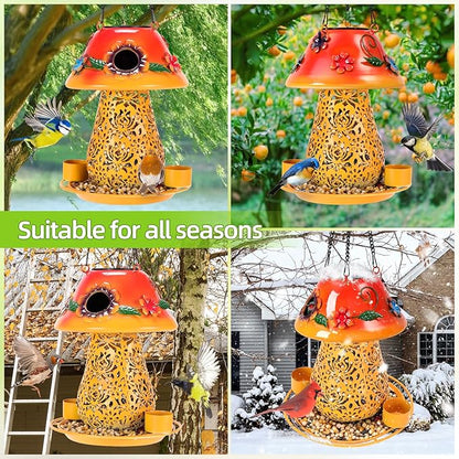Mushroom Solar Bird Feeders for Outdoors Hanging Metal Wild Bird Feeder with S Hook for Garden Decoration Orange